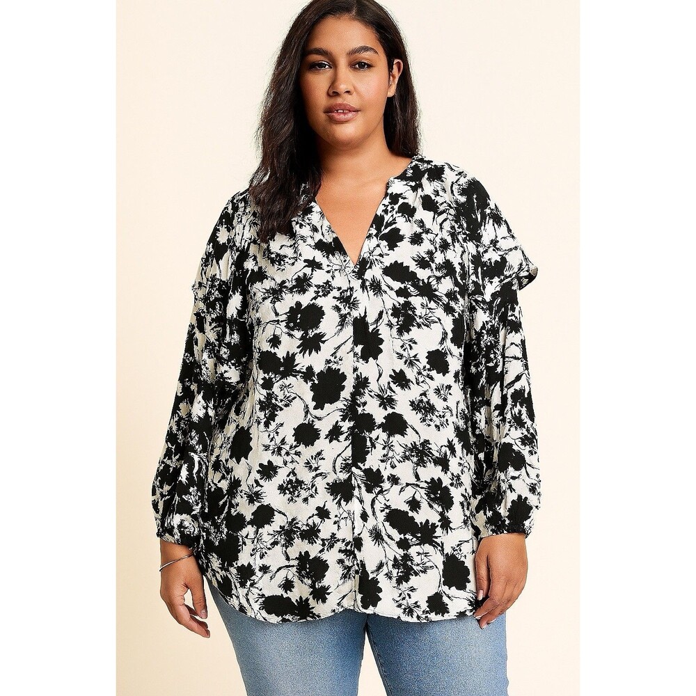 EST 1946 Womens 18w 20w Blouse Button Up‎ Shirt Ruffles Black White Floral Fairy